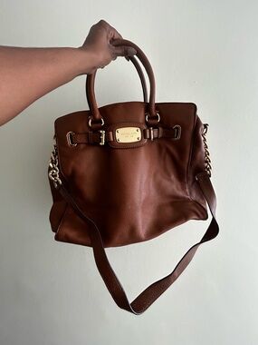 Michael Kors Cognac Leather Tote with Chain-Trim Detachable Shoulder Strap